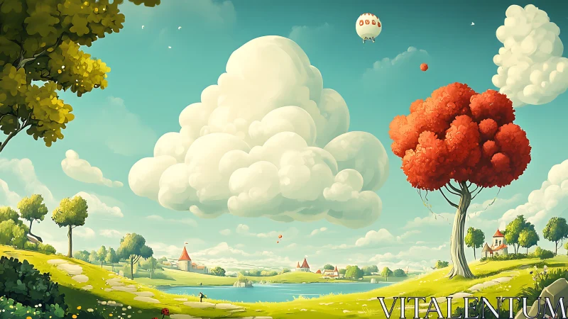 Sunny fantasy valley rests beneath towering cotton clouds