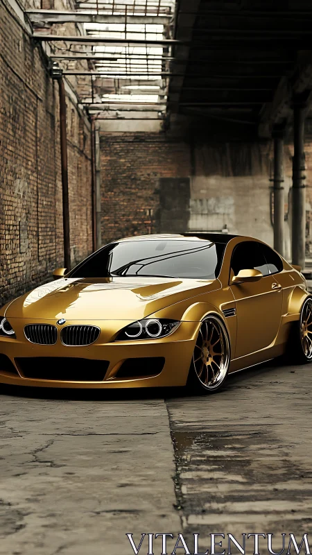 Gold widebody BMW coupe in derelict industrial alleyway.