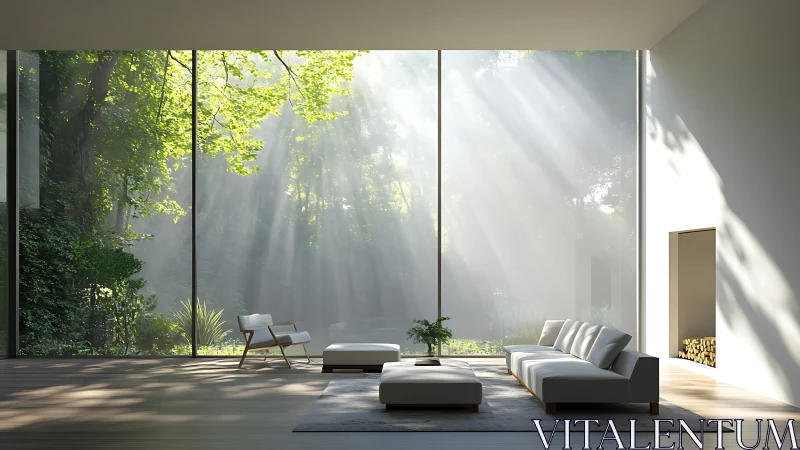 Daylit minimal living room integrates forest view via glazed wall
