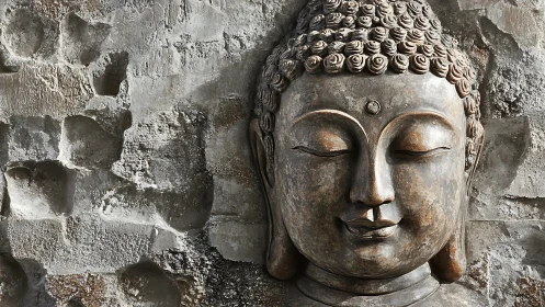 Serene stone Buddha face rests against weathered textured wall.