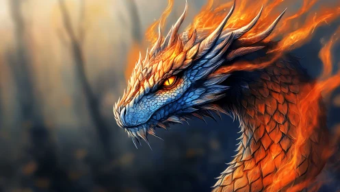 Bioluminescent blue fire dragon head in shallow depth profile