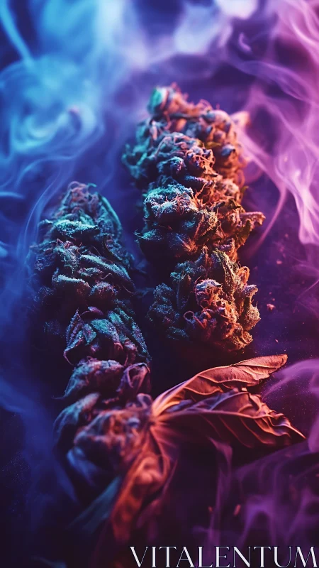 Dreamy neon herbs drifting through swirling twilight smoke.