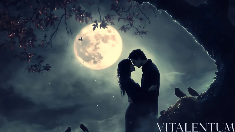Lovers Silhouetted Under Moonlight in Cave.