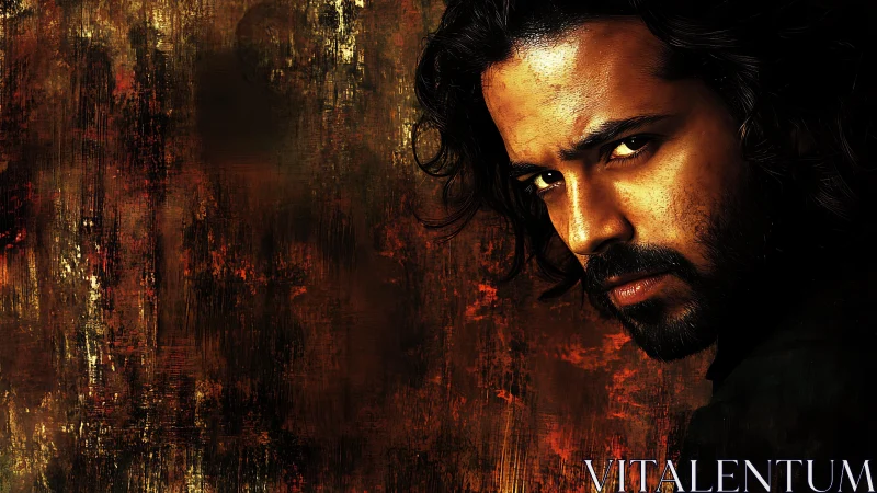 Intense male portrait against textured abstract wall.