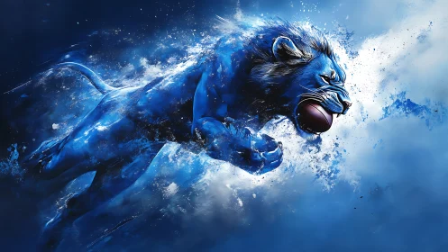 Blue Energy Lion with Sunglasses Against Dispersing Particles