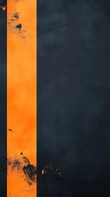 Vertical orange stripe cuts charcoal field, paint-splattered.