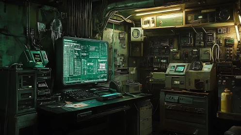 Retro cyberpunk command center glows with data streams