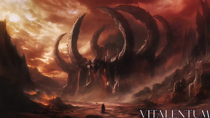 Infernal titan gate coils above a lone wanderer&rsquo;s approach.