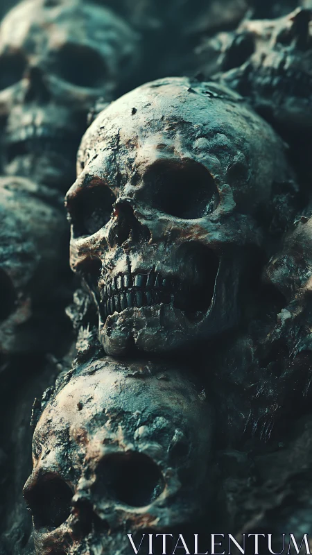 Photorealistic stacked skull composition with shallow depth of field.