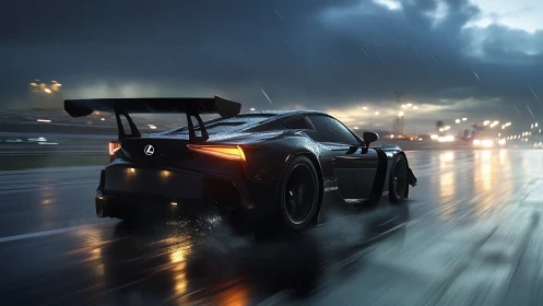 Lexus GT race car powers through wet night circuit in rain.