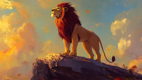 Lion stands on rocky outcrop beneath diffuse evening sky