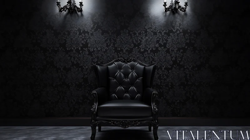 Baroque black leather armchair in dramatic low-key interior.