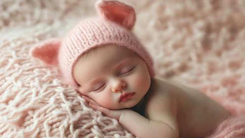 Tiny dream voyager curls into clouds of rosy knitted hush