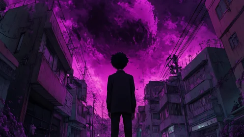 Urban observer facing apocalyptic magenta vortex skyfield.