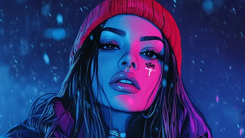 Neon lit portrait celebrates bold style in a snowy night glow
