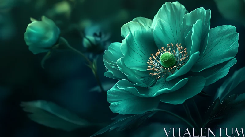 Teal Anemone Bloom with Golden Stamen Center Against Soft Bokeh