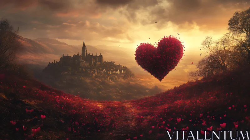 Composite landscape with castle, giant red heart and flower field