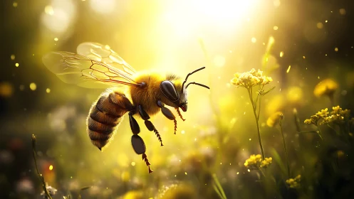 Honeybee hovers over yellow wildflowers in warm sunlight