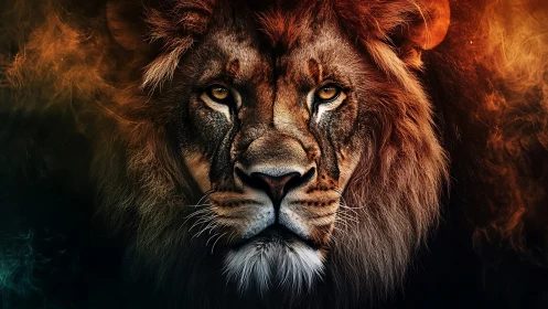 Solar-flame monarch lion staring through embers and shadow.