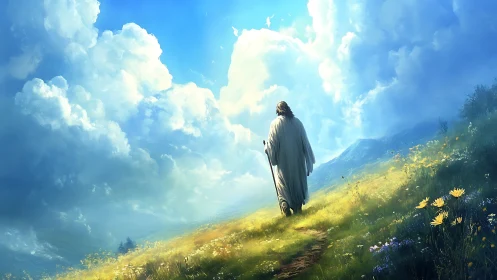 Sunlit wanderer strides toward heaven-bright horizon