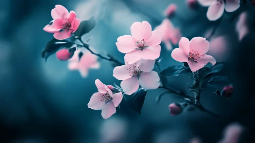 Delicate Pink Blossoms Against Deep Teal Background.