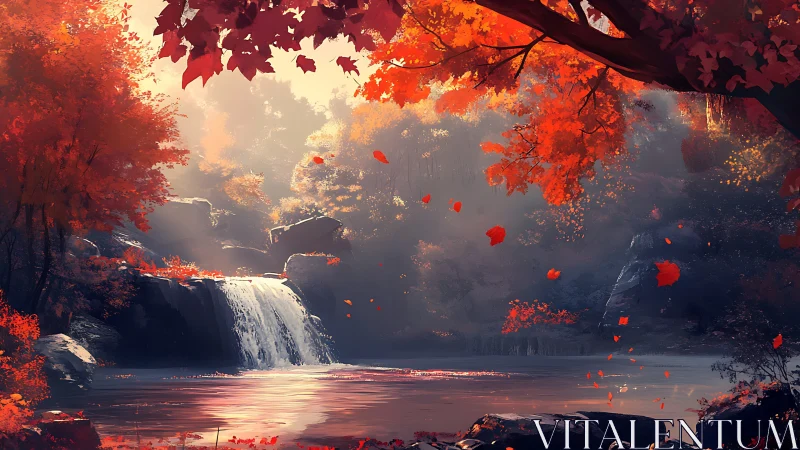 Autumn forest waterfall rendered with atmospheric depth and warm scattering