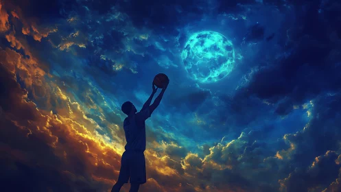Silhouetted basketball player aligns jump shot with glowing lunar sphere