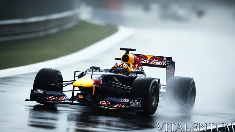 Red Bull Formula car powers through wet circuit corner.