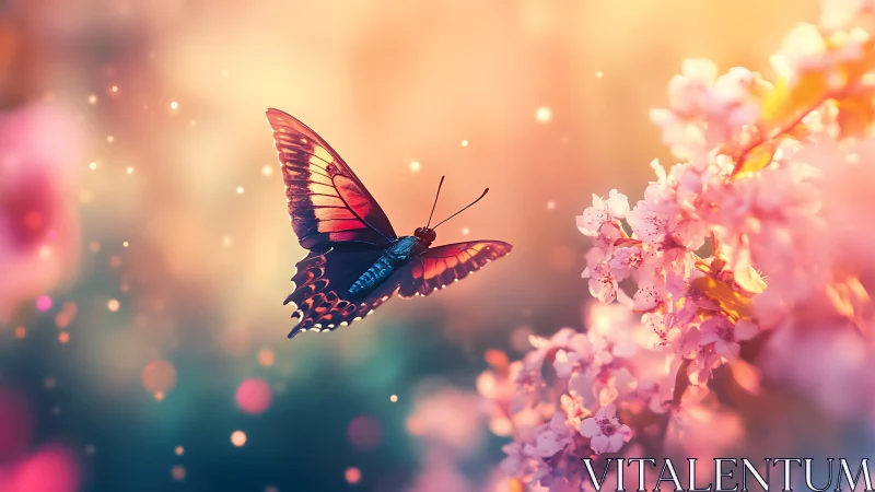 Iridescent butterfly in bokeh-lit blossom field at golden hour