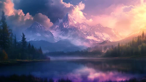 Diffuse-lit alpine peaks reflect in still lake with volumetric haze
