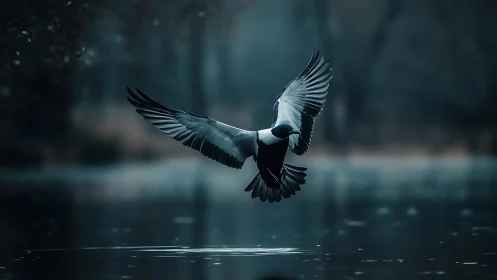 Majestic magpie in flight over serene misty lake, moody style.