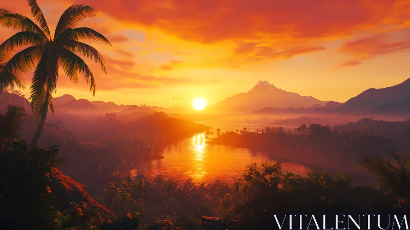 Sunlit tropical bay glowing beneath a molten orange sky.