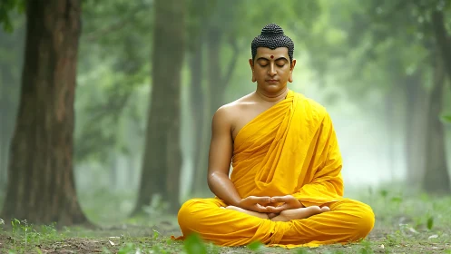 Seated monk in yellow robe meditating in forest setting.