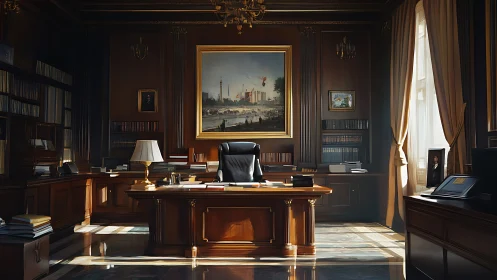 Executive mahogany office interior with classical daylight ambiance.
