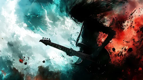 Silhouette guitarist ignites teal and crimson paint storm.