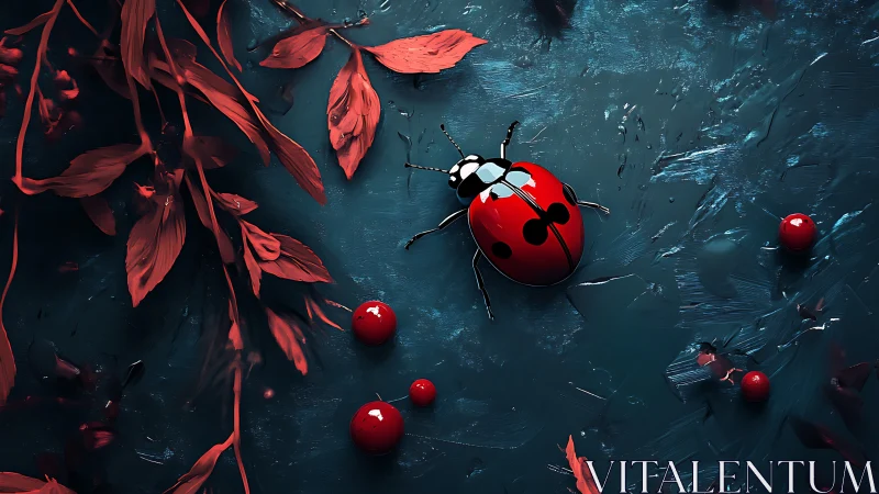 Ladybird on teal impasto ground with red foliage accents.