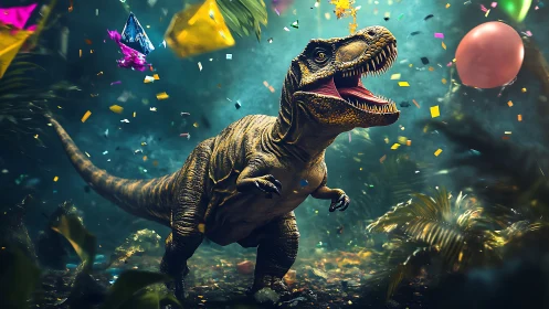 Rendered dinosaur with golden skin in vibrant particle environment
