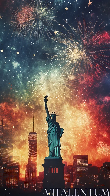 Statue of Liberty stands before dense fireworks over skyline