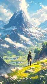 Epic digital painting landscape with lone adventurer figure.