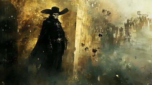 Skull-masked gunslinger emerges through swirling desert fog.