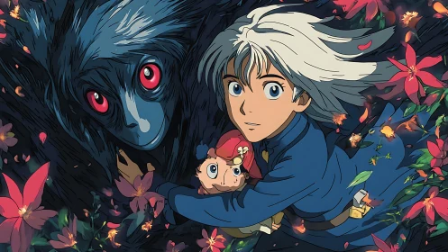 Anime hero and mystical beast swirl through blooming petals.