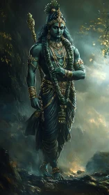 Divine warrior deity in forest with ornate golden adornments.