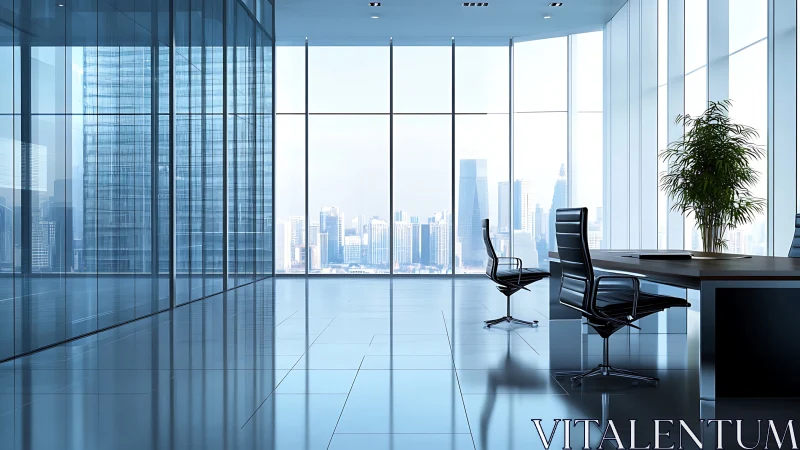 High-rise office interior with panoramic urban skyline view.
