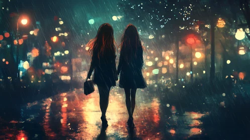 Digital painting of two figures in neon rain-soaked city street.
