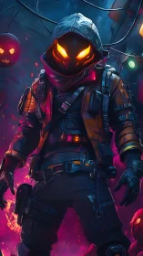 Neon-hooded vigilante in glowing pumpkin cyber alley.