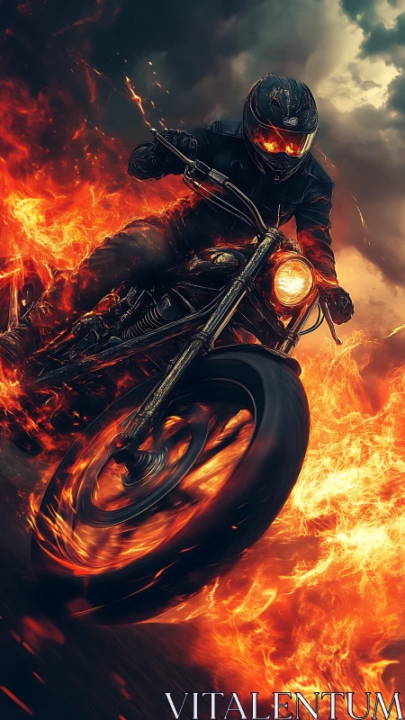 Digital painting of flaming motorcycle rider in dynamic diagonal frame.