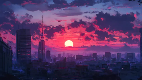 Neon dusk engulfing futuristic city skyline at sunset.