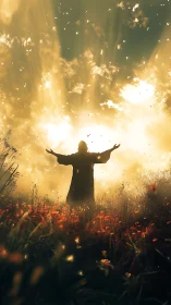 Silhouetted figure embracing radiant sky in ethereal backlight