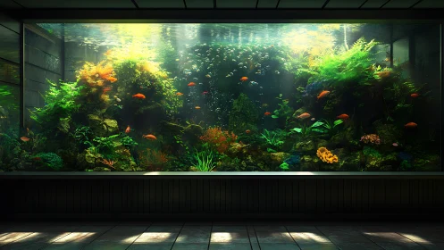 Large public aquarium tank uses volumetric light and dense flora
