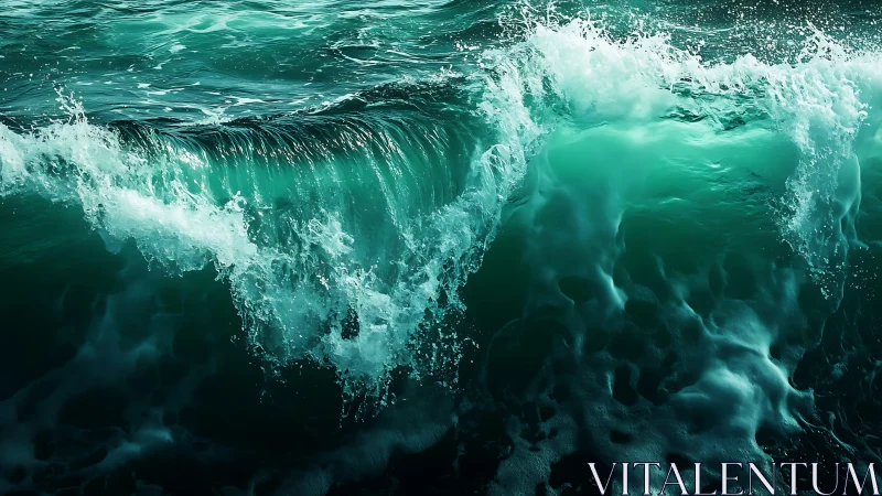Emerald ocean wave curls forward with translucent spray